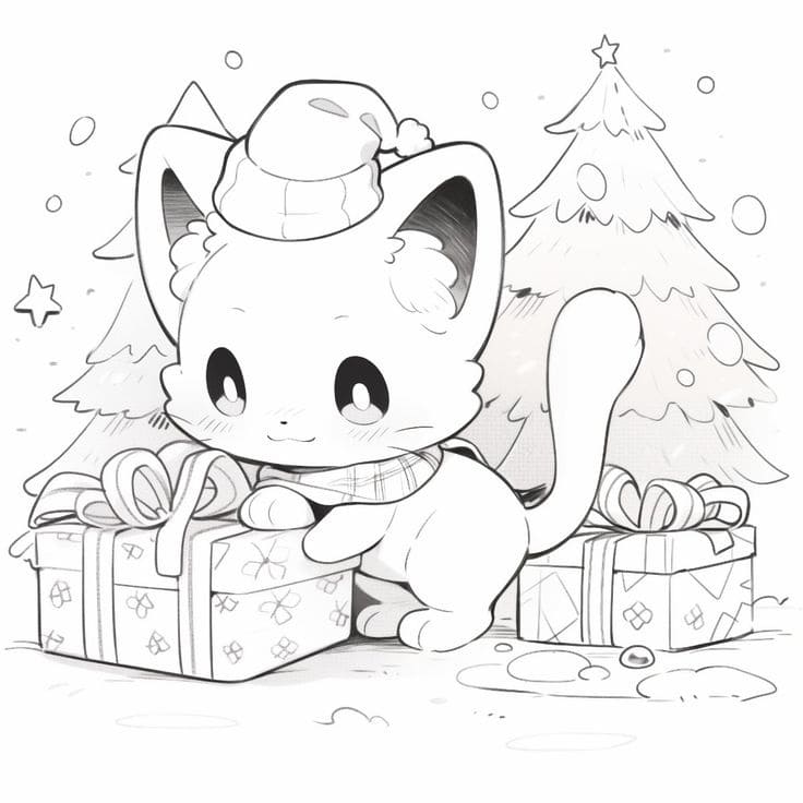 Gatto e regali di Natale da colorare