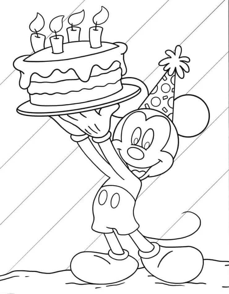 Topolino e torta di compleanno da colorare