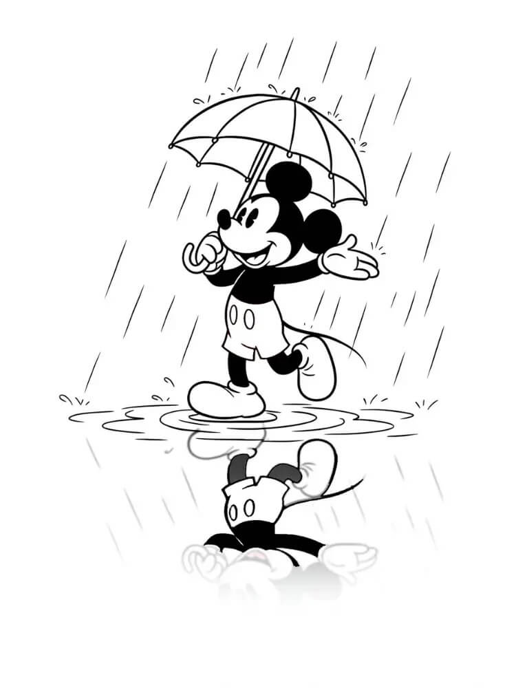 Topolino sotto la pioggia da colorare
