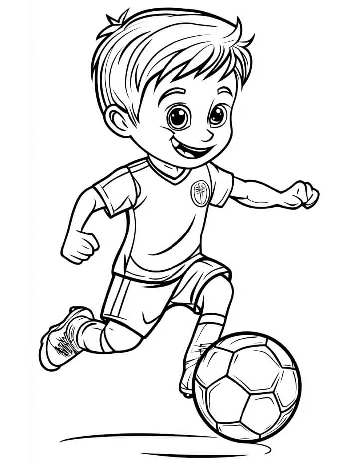Un ragazzo felice gioca a calcio da colorare