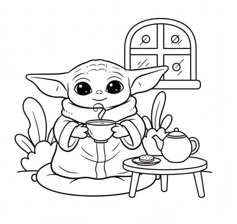 Baby Yoda Beve il Tè da colorare