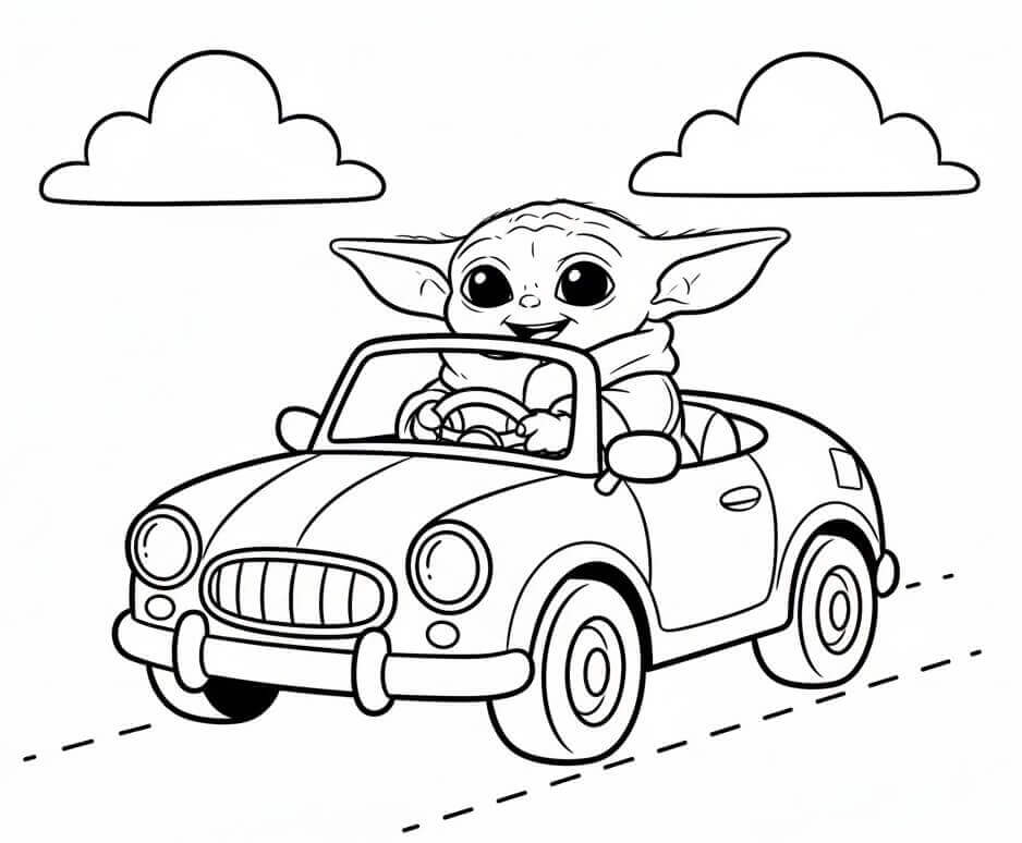Baby Yoda Guida l’Auto da colorare