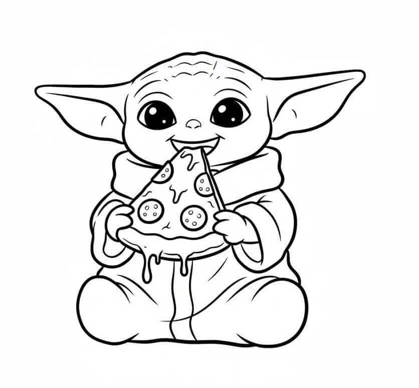 Baby Yoda Mangia Pizza da colorare