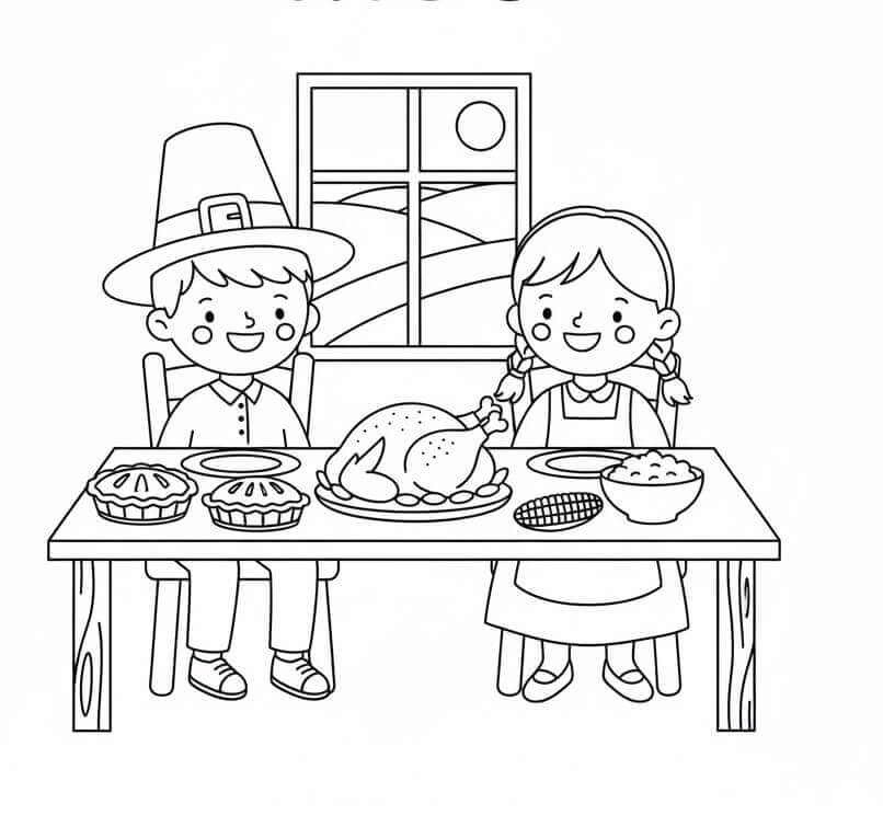 Due Bimbi al Ringraziamento da colorare