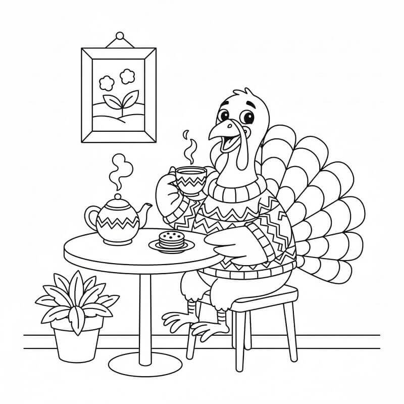Tacchino che Beve il Tè da colorare