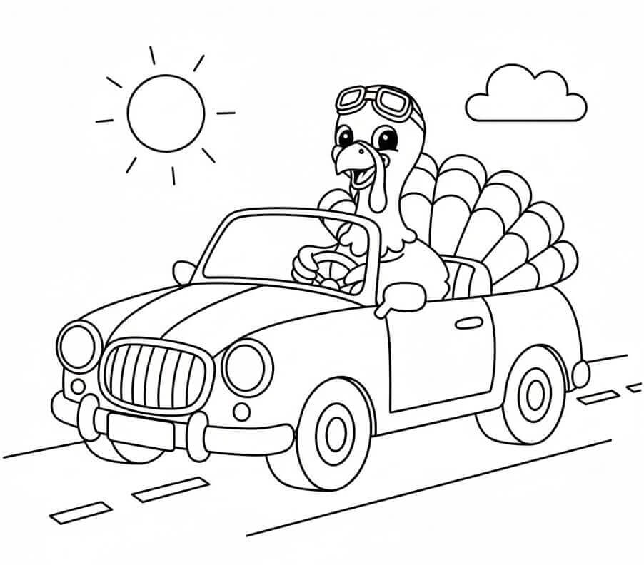 Tacchino che Guida l'Auto da colorare