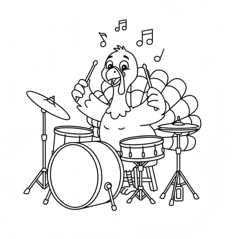 Tacchino che Suona la Batteria da colorare