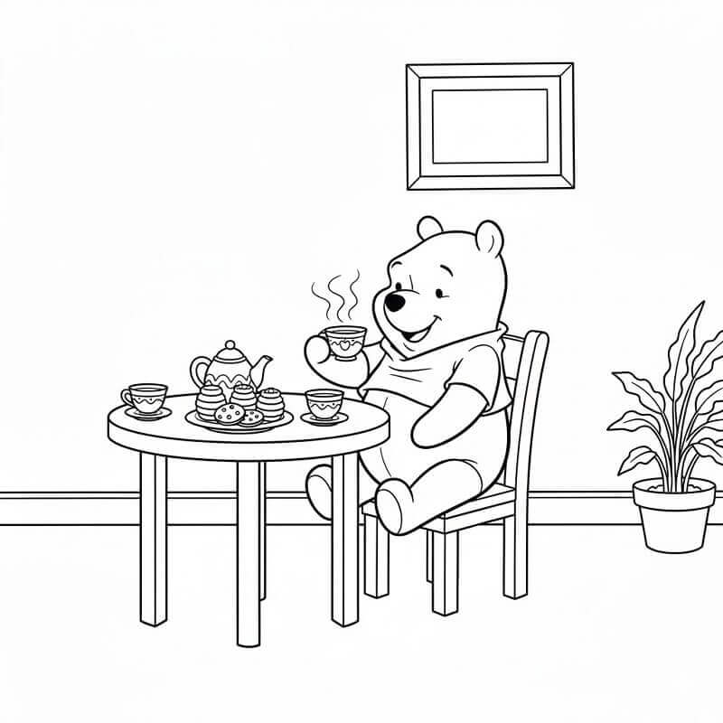 Winnie The Pooh Beve il Tè da colorare