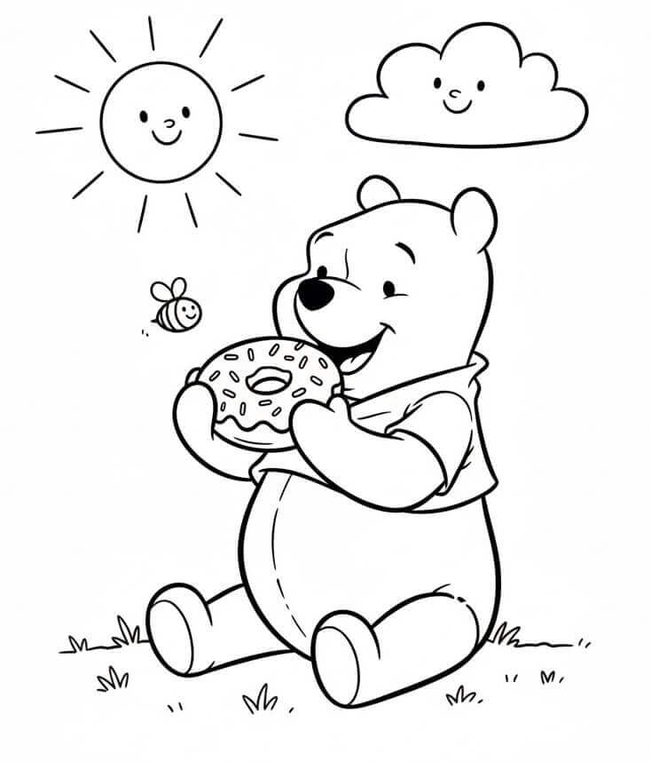 Winnie The Pooh Mangia una Ciambella da colorare