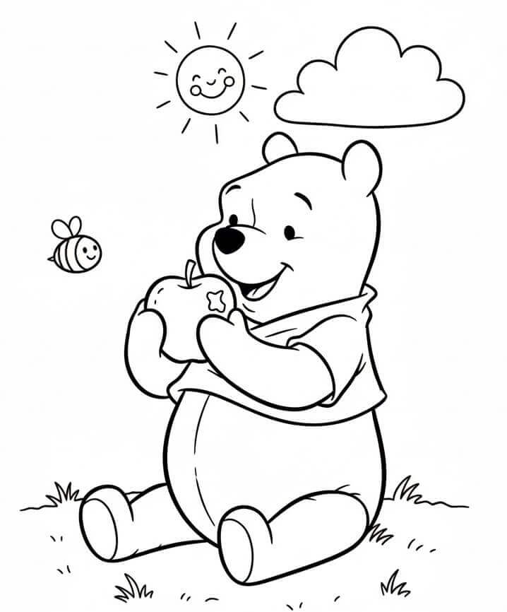 Winnie The Pooh Mangia una Mela da colorare