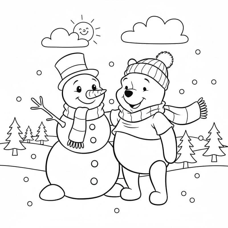 Winnie The Pooh con Pupazzo di Neve da colorare