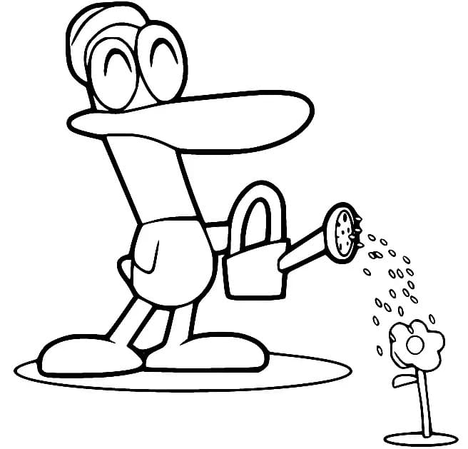 Anatra Pato che Annaffia un Fiore da colorare