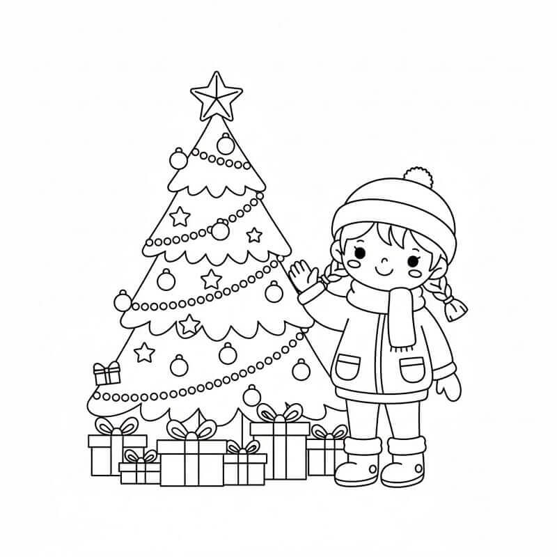 Bambina e Albero di Natale da colorare
