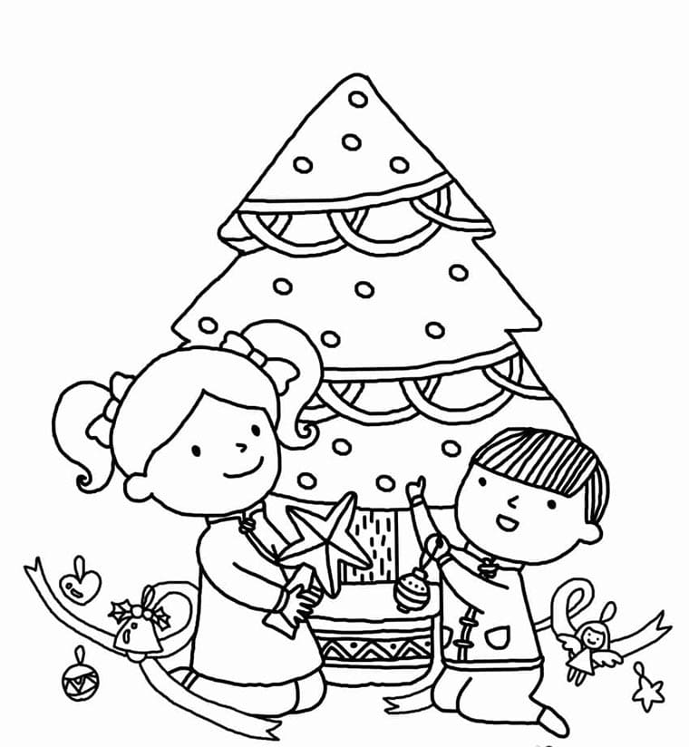 Bambini e Albero di Natale da colorare