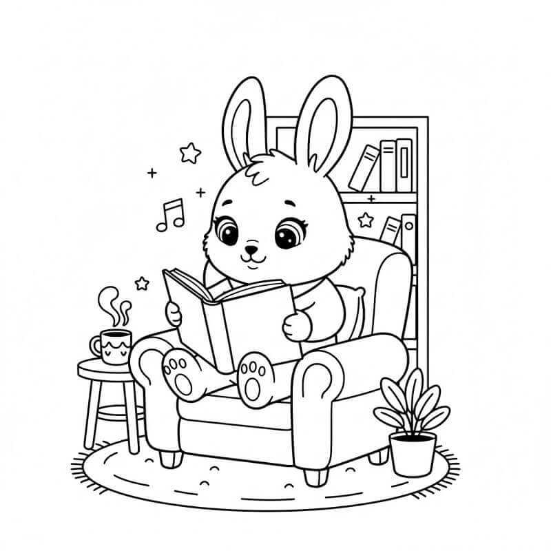 Coniglio Legge un Libro da colorare
