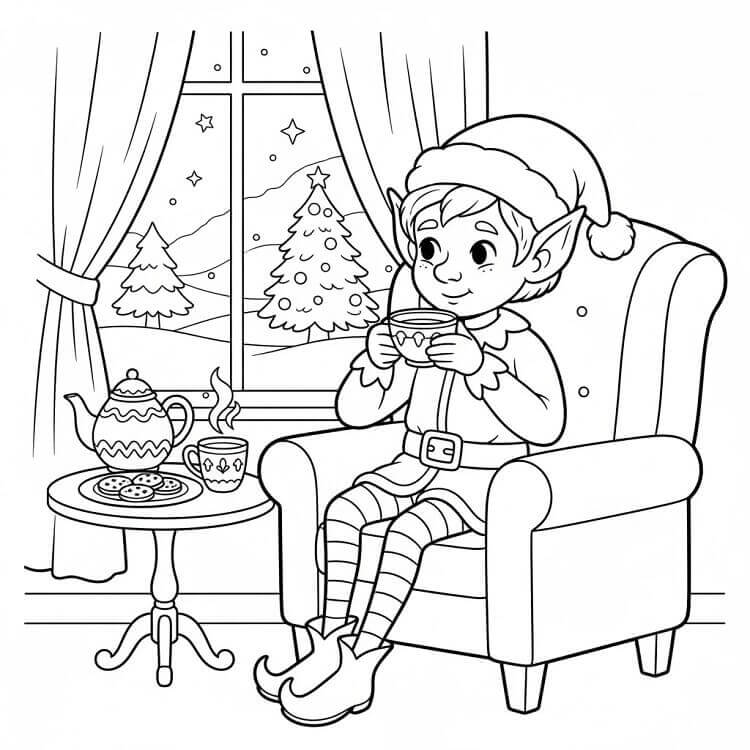 Elfo di Natale Beve il Tè da colorare