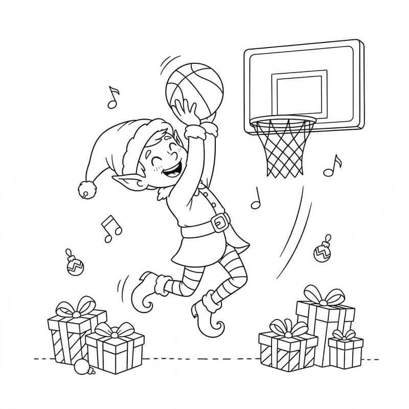 Elfo di Natale Gioca a Basket da colorare