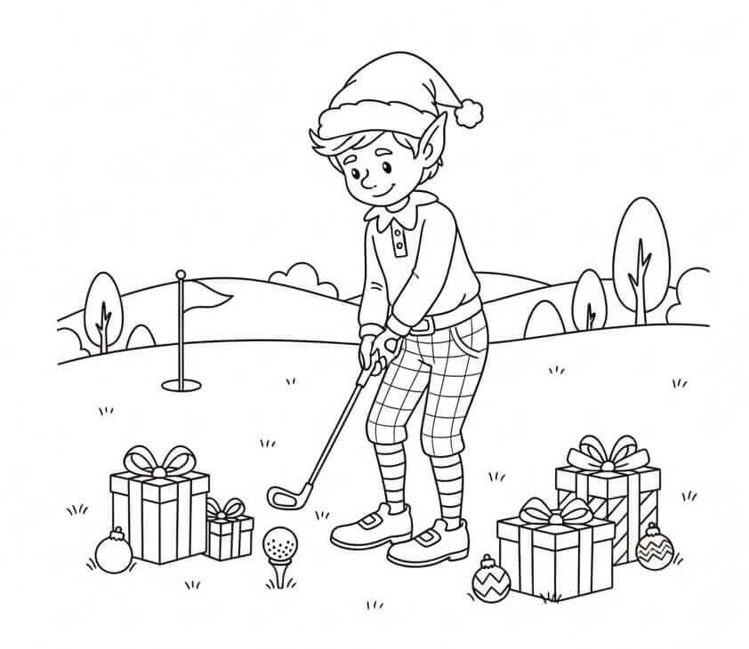 Elfo di Natale Gioca a Golf da colorare