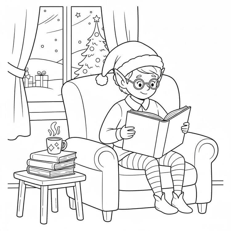 Elfo di Natale Legge un Libro da colorare
