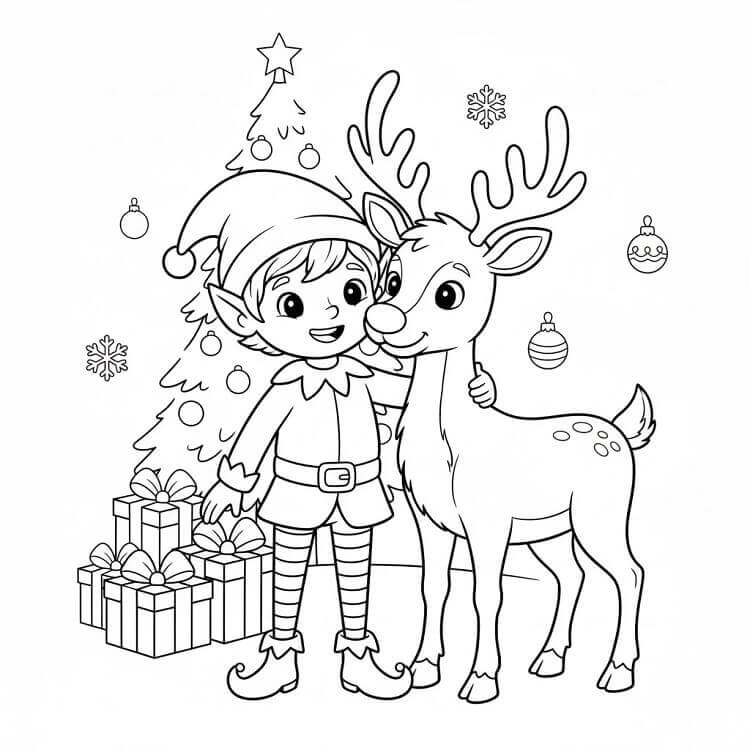 Elfo di Natale con Renna da colorare