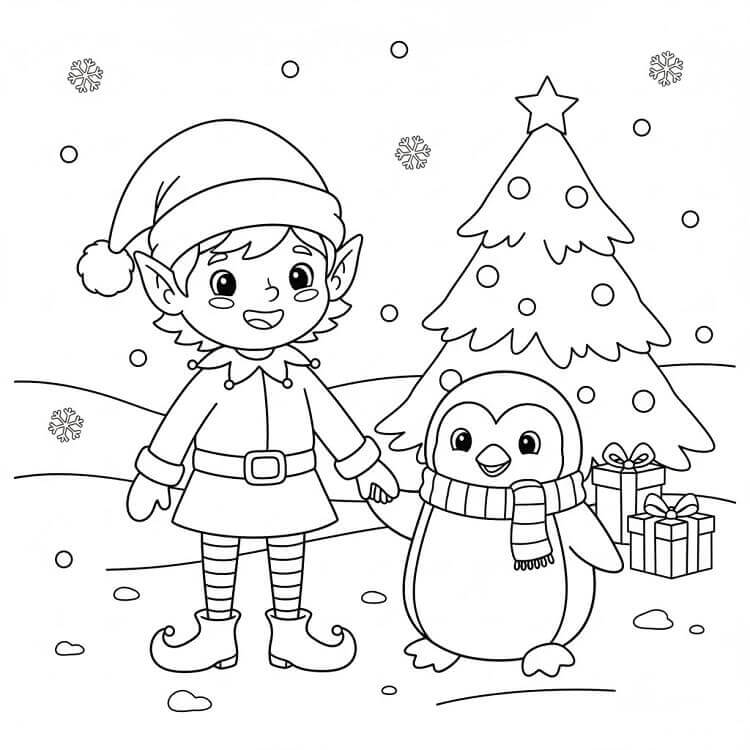 Elfo di Natale e Pinguino da colorare