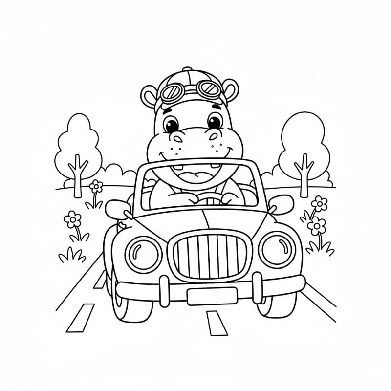 Ippopotamo alla guida da colorare