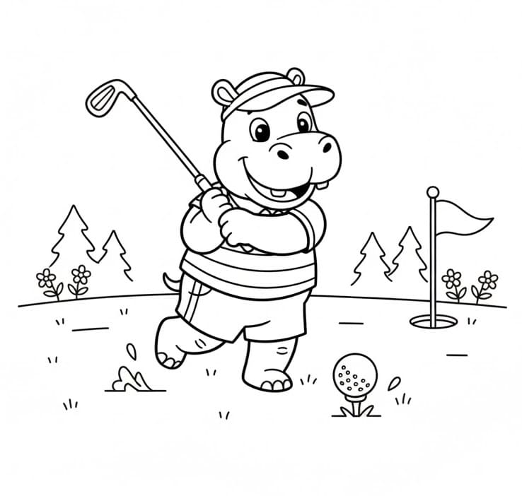 Ippopotamo che gioca a golf da colorare