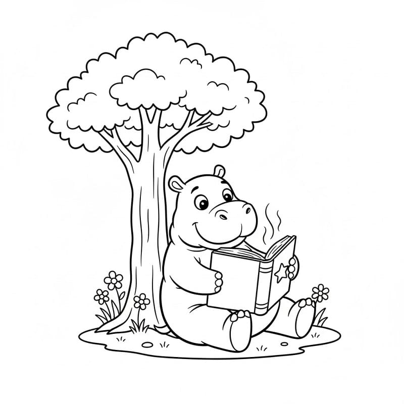 Ippopotamo che legge un libro da colorare