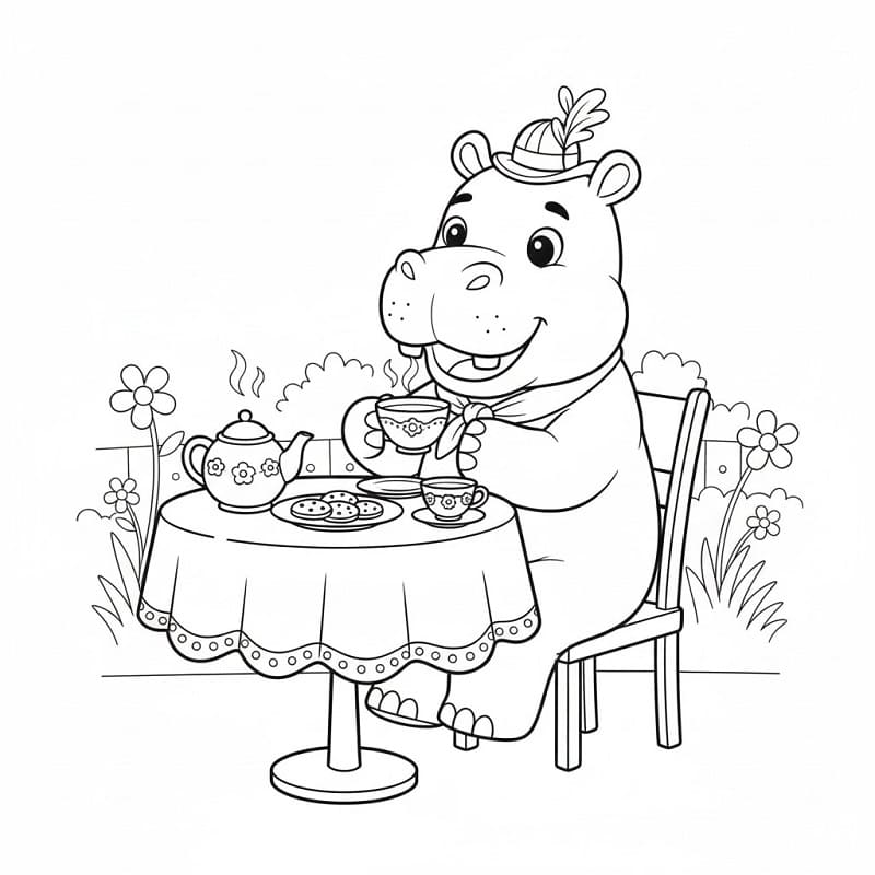 Ippopotamo che prende il tè da colorare