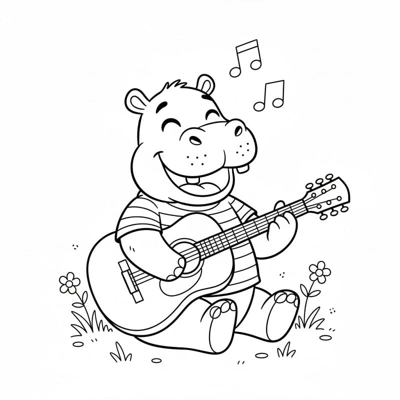 Ippopotamo che suona la chitarra da colorare