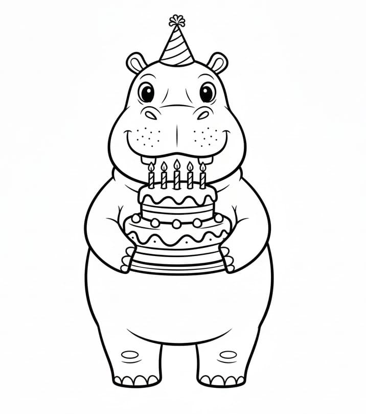Ippopotamo con torta di compleanno da colorare