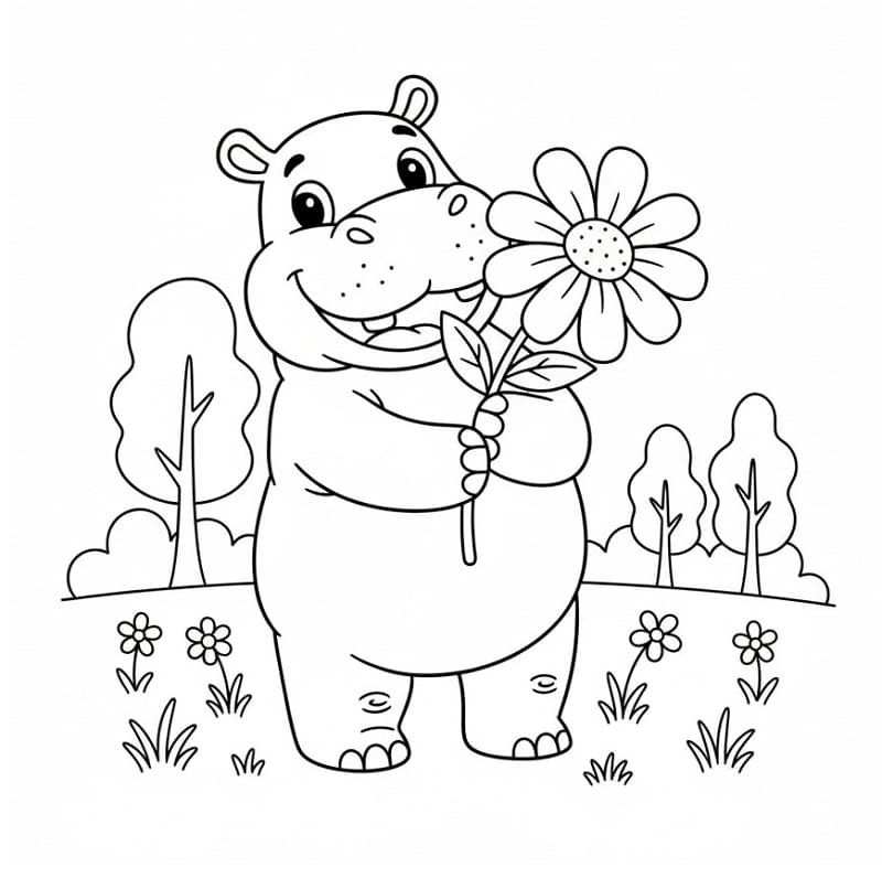 Ippopotamo con un fiore da colorare