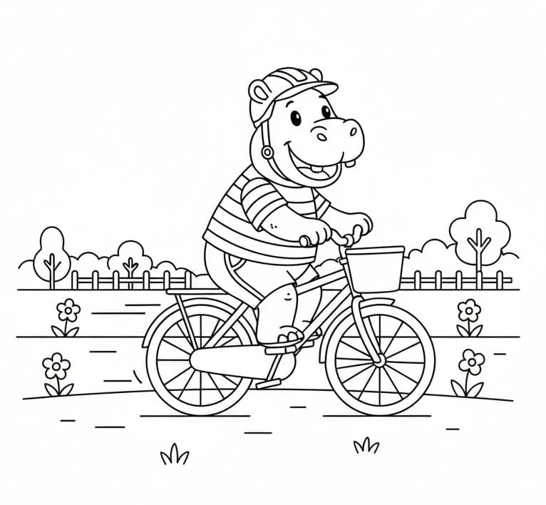 Ippopotamo in bicicletta da colorare