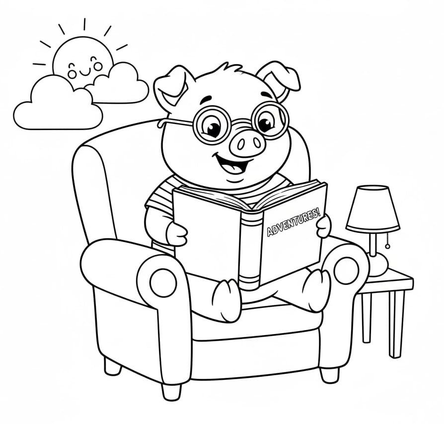 Maiale che legge un libro da colorare