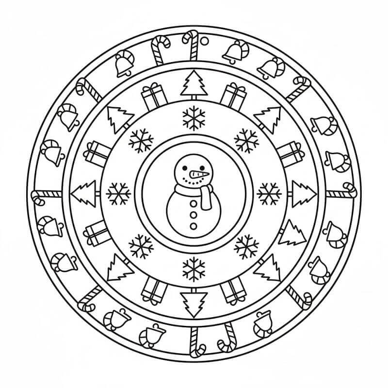 Mandala di Natale con Pupazzo di Neve da colorare