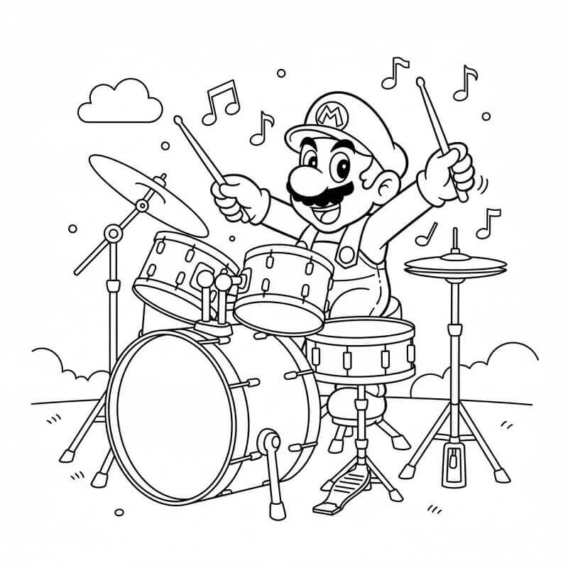 Mario che Suona il Tamburo da colorare