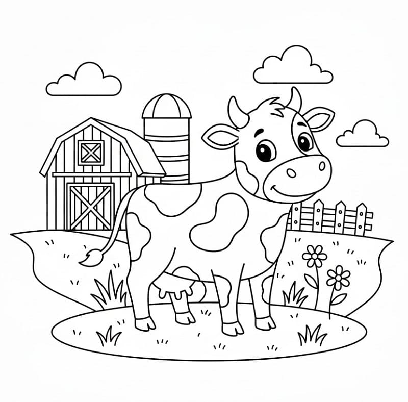 Mucca carina in fattoria da colorare