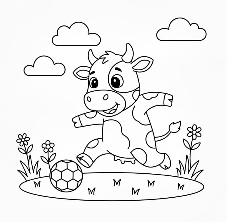 Mucca che gioca a calcio da colorare