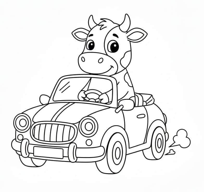 Mucca che guida l’auto da colorare