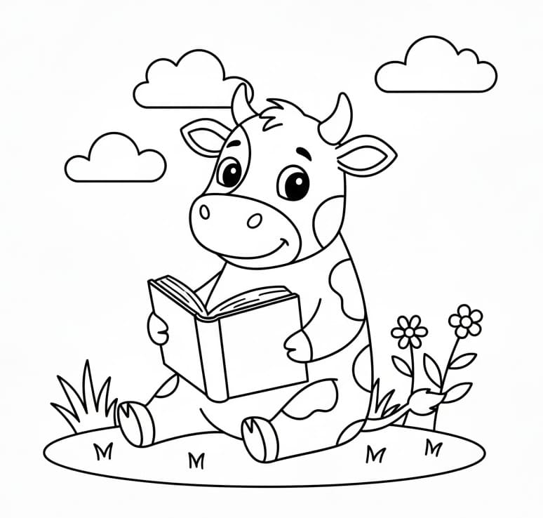 Mucca che legge un libro da colorare