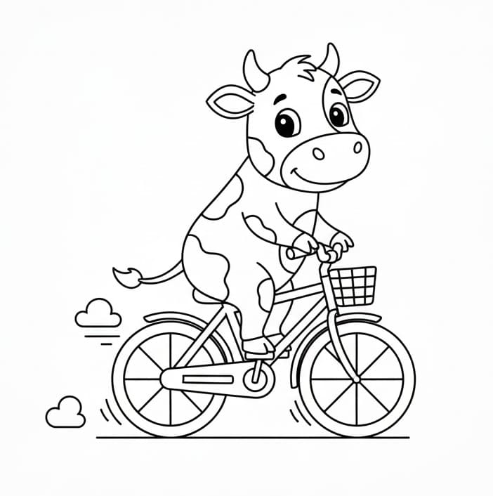 Mucca che va in bicicletta da colorare
