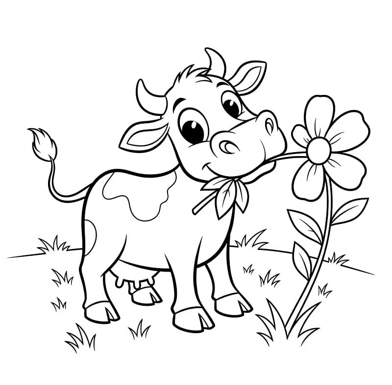 Mucca con fiore da colorare