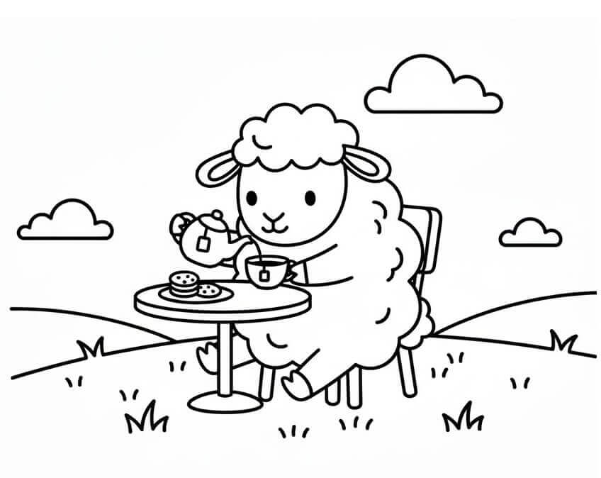 Pecora Beve il Tè da colorare