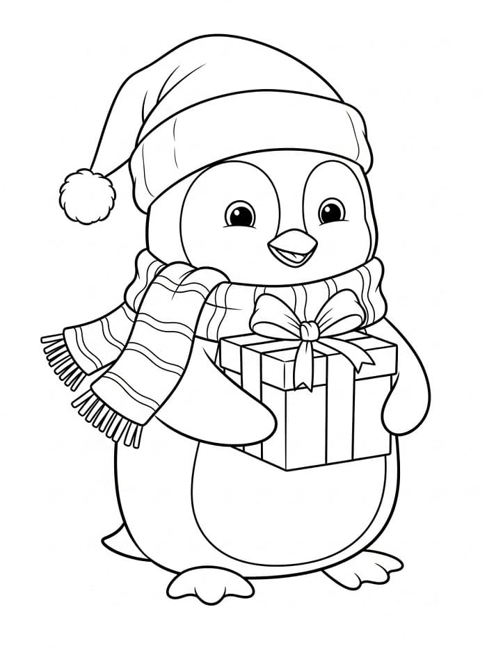 Pinguino che Tiene un Regalo da colorare