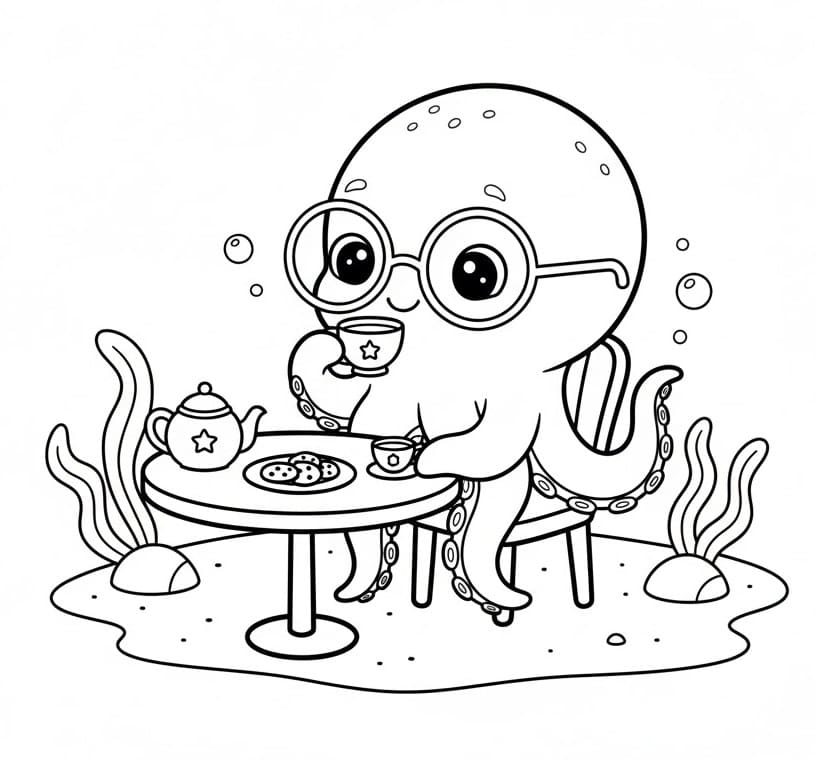 Polpo carino che beve il tè da colorare