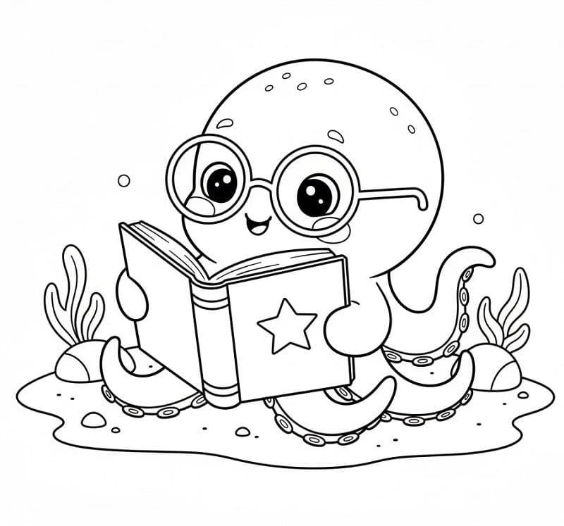 Polpo carino che legge un libro da colorare