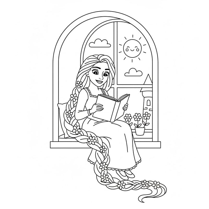 Rapunzel che legge un libro da colorare