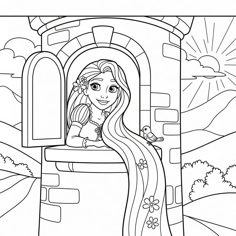 Rapunzel e uccellino da colorare