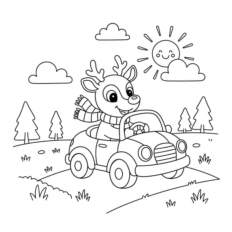 Rudolph che guida l’auto da colorare