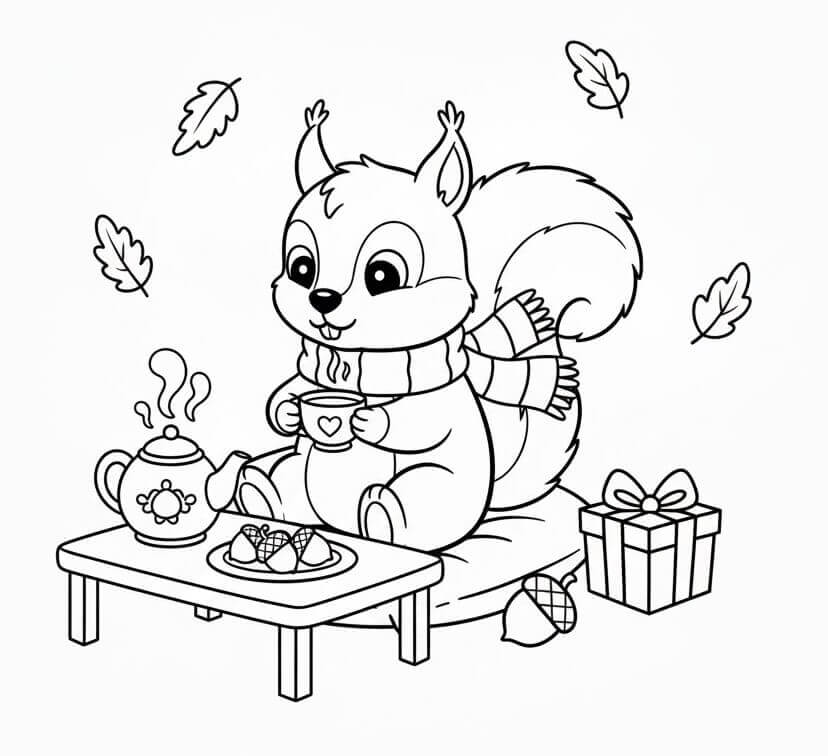 Scoiattolo Beve il Tè da colorare